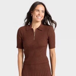 A New Day Short Sleeve Polo Collar Zip Sweater - Chocolate Brown Medium